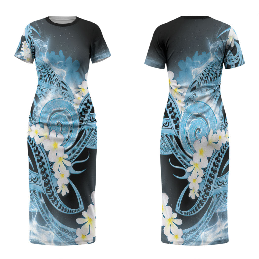 Piko Hawaiian Couples Matching Short Sleeve Bodycon Dress and Hawaiian Shirt Blue Galaxy Spiral Plumeria Tribal Patterns