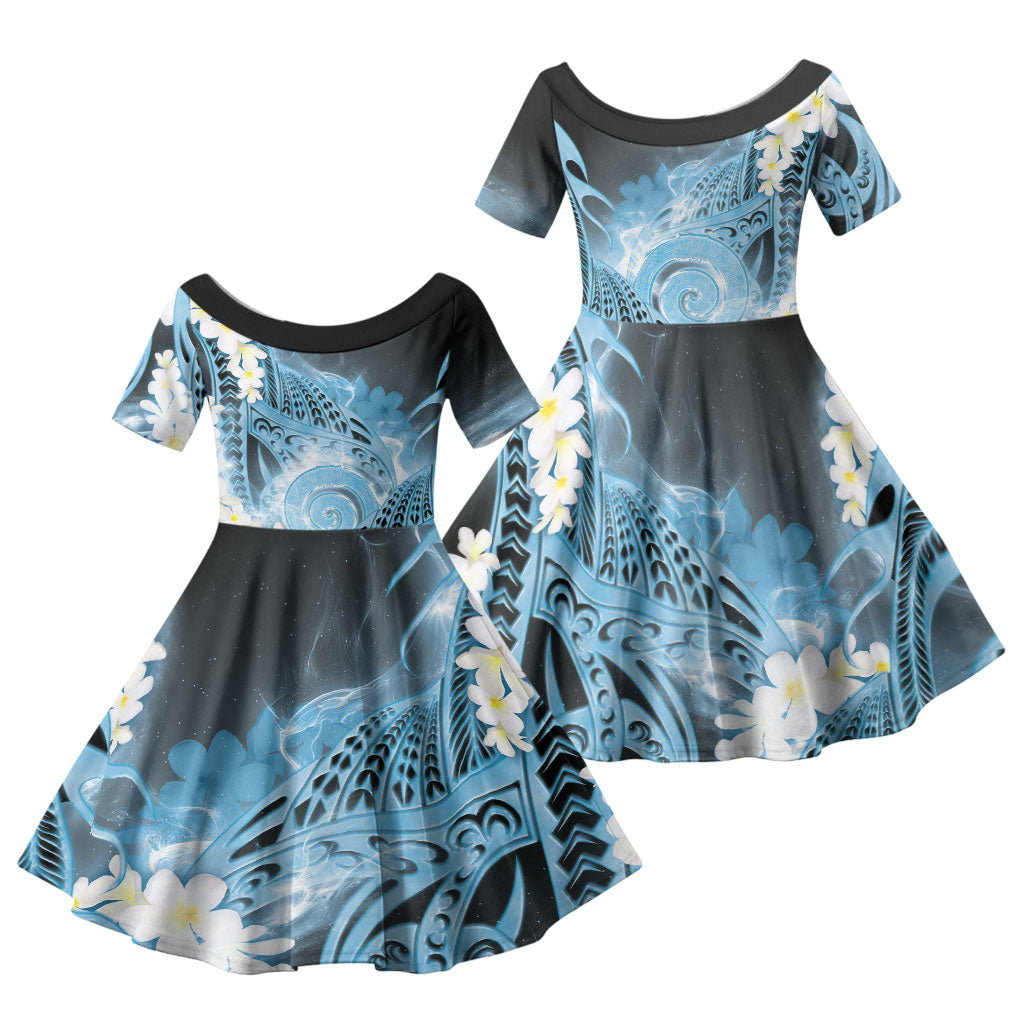Piko Hawaiian Family Matching Long Sleeve Bodycon Dress and Hawaiian Shirt Blue Galaxy Spiral Plumeria Tribal Patterns