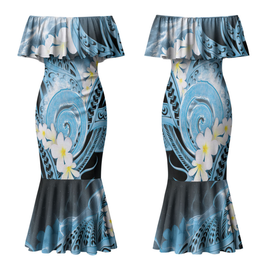 Piko Hawaiian Family Matching Mermaid Dress and Hawaiian Shirt Blue Galaxy Spiral Plumeria Tribal Patterns