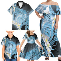 Piko Hawaiian Family Matching Off Shoulder Maxi Dress and Hawaiian Shirt Blue Galaxy Spiral Plumeria Tribal Patterns