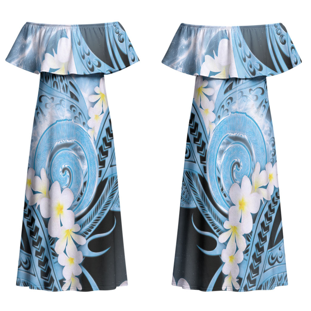 Piko Hawaiian Family Matching Off Shoulder Maxi Dress and Hawaiian Shirt Blue Galaxy Spiral Plumeria Tribal Patterns