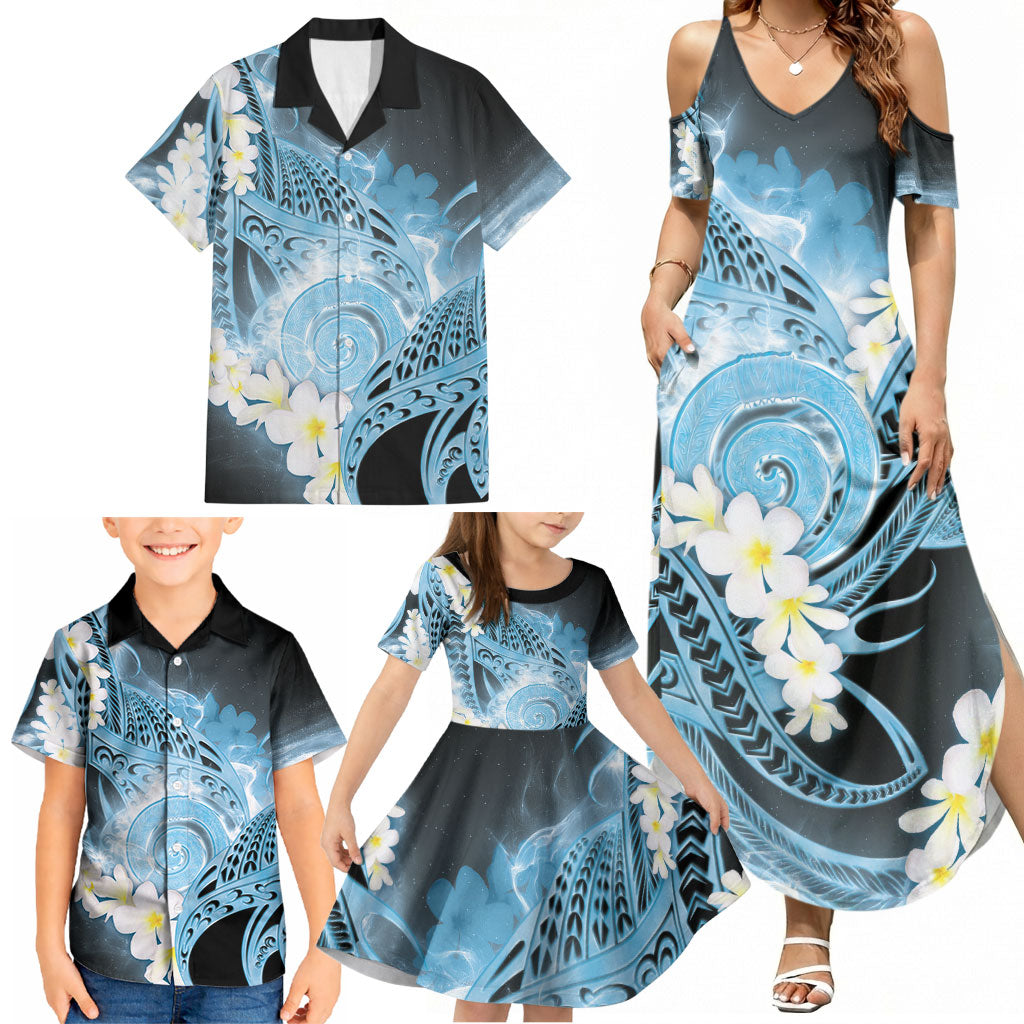 Piko Hawaiian Family Matching Summer Maxi Dress and Hawaiian Shirt Blue Galaxy Spiral Plumeria Tribal Patterns DT05 - Polynesian Pride