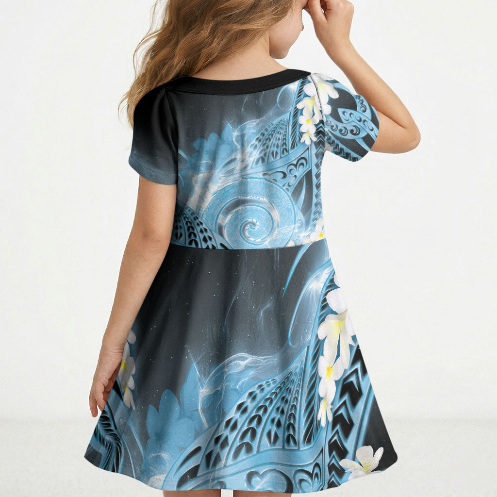 Piko Hawaiian Kid Short Sleeve Dress Blue Galaxy Spiral Plumeria Tribal Patterns