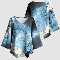 Piko Hawaiian Kimono Sleeve Blouse Blue Galaxy Spiral Plumeria Tribal Patterns