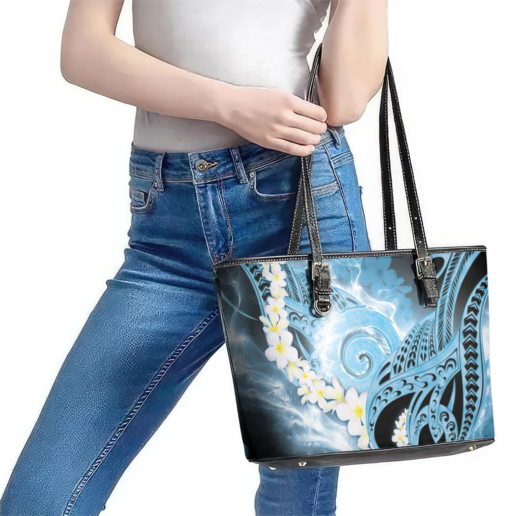 Piko Hawaiian Leather Tote Bag Blue Galaxy Spiral Plumeria Tribal Patterns