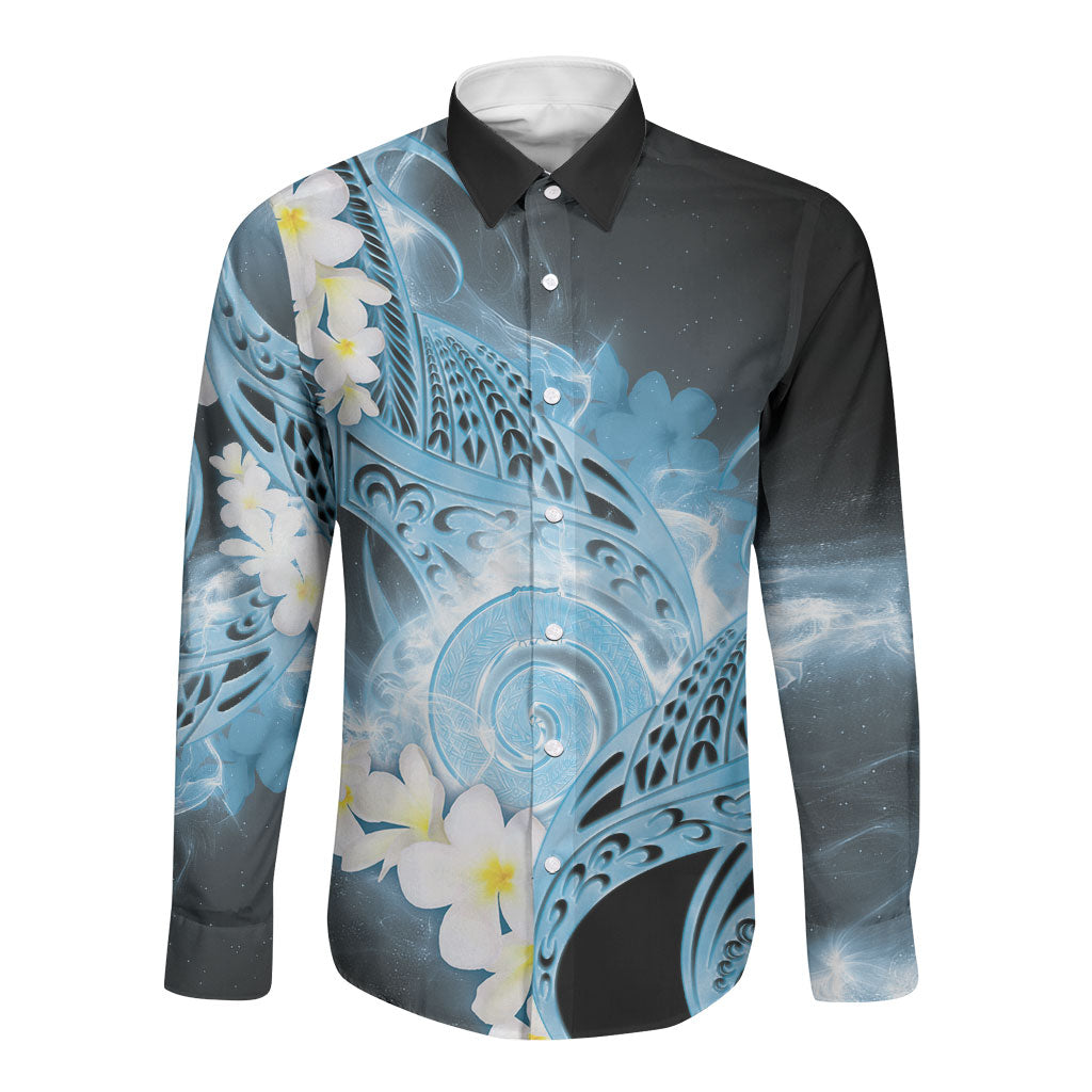 Piko Hawaiian Long Sleeve Button Shirt Blue Galaxy Spiral Plumeria Tribal Patterns DT05 Unisex Blue - Polynesian Pride