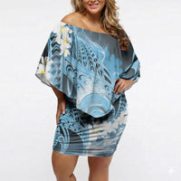 Piko Hawaiian Off Shoulder Short Dress Blue Galaxy Spiral Plumeria Tribal Patterns