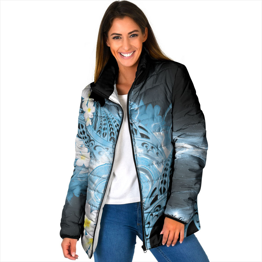 Piko Hawaiian Padded Jacket Blue Galaxy Spiral Plumeria Tribal Patterns
