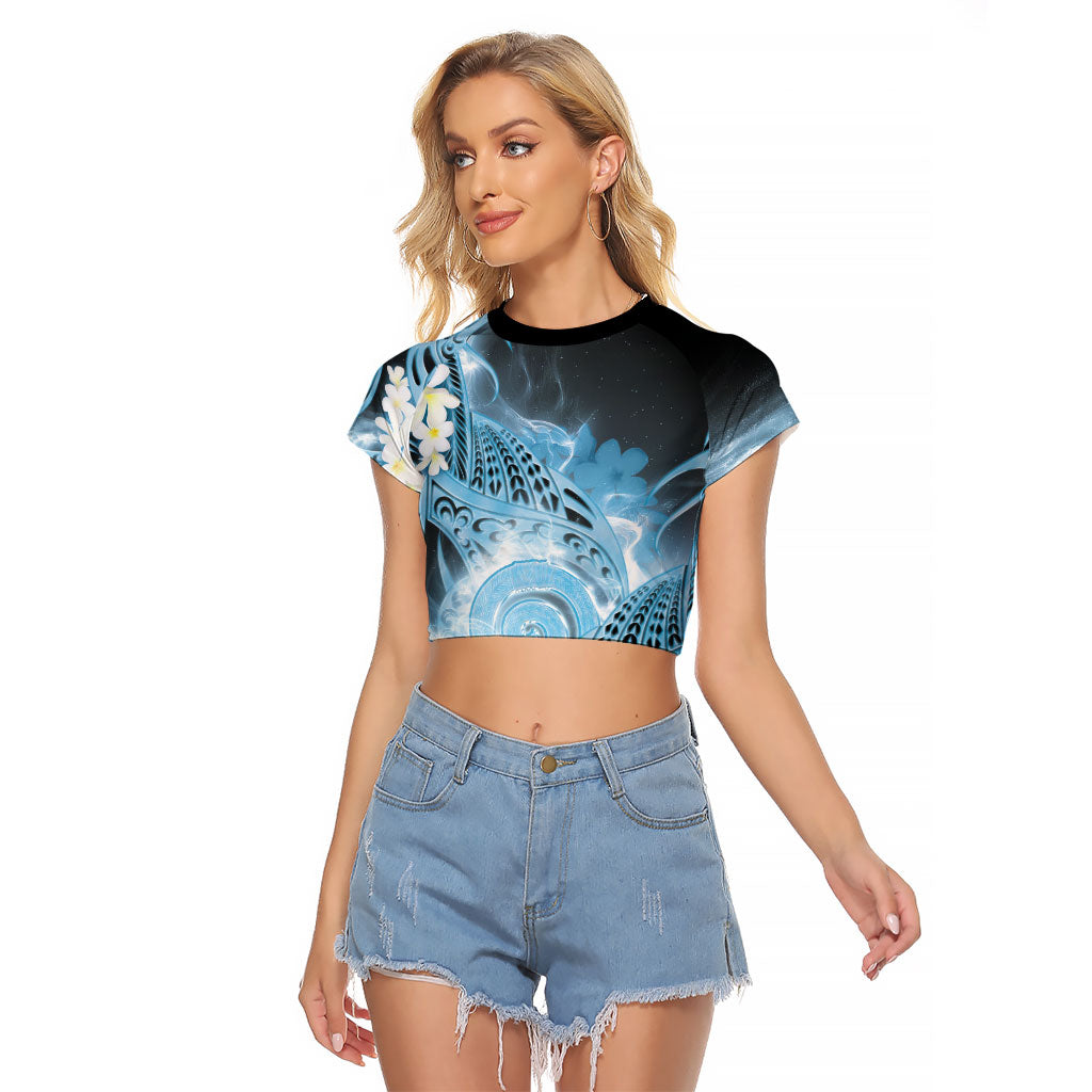 Piko Hawaiian Raglan Cropped T Shirt Blue Galaxy Spiral Plumeria Tribal Patterns