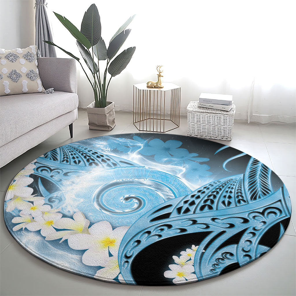 Piko Hawaiian Round Carpet Blue Galaxy Spiral Plumeria Tribal Patterns