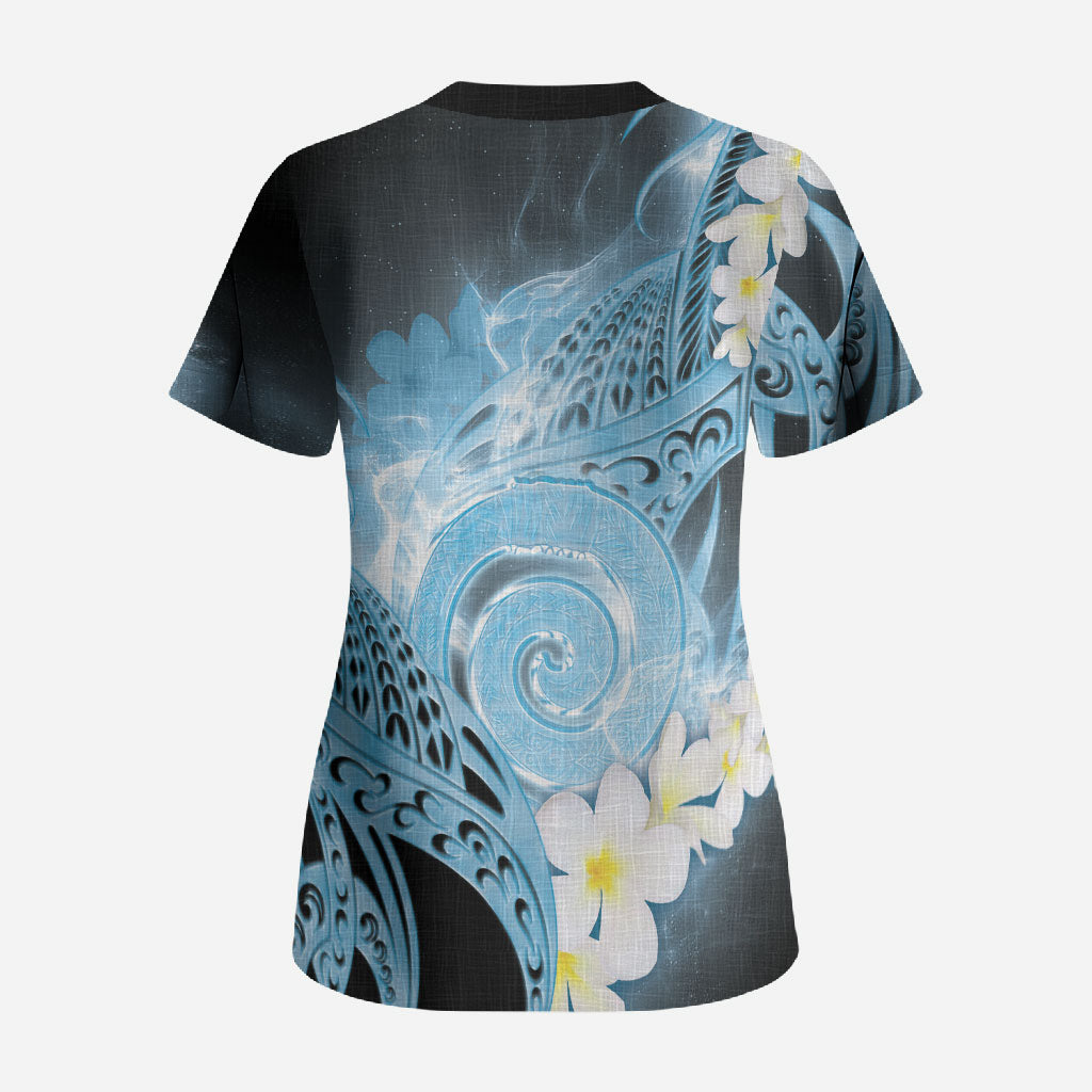 Piko Hawaiian Scrub Top Blue Galaxy Spiral Plumeria Tribal Patterns