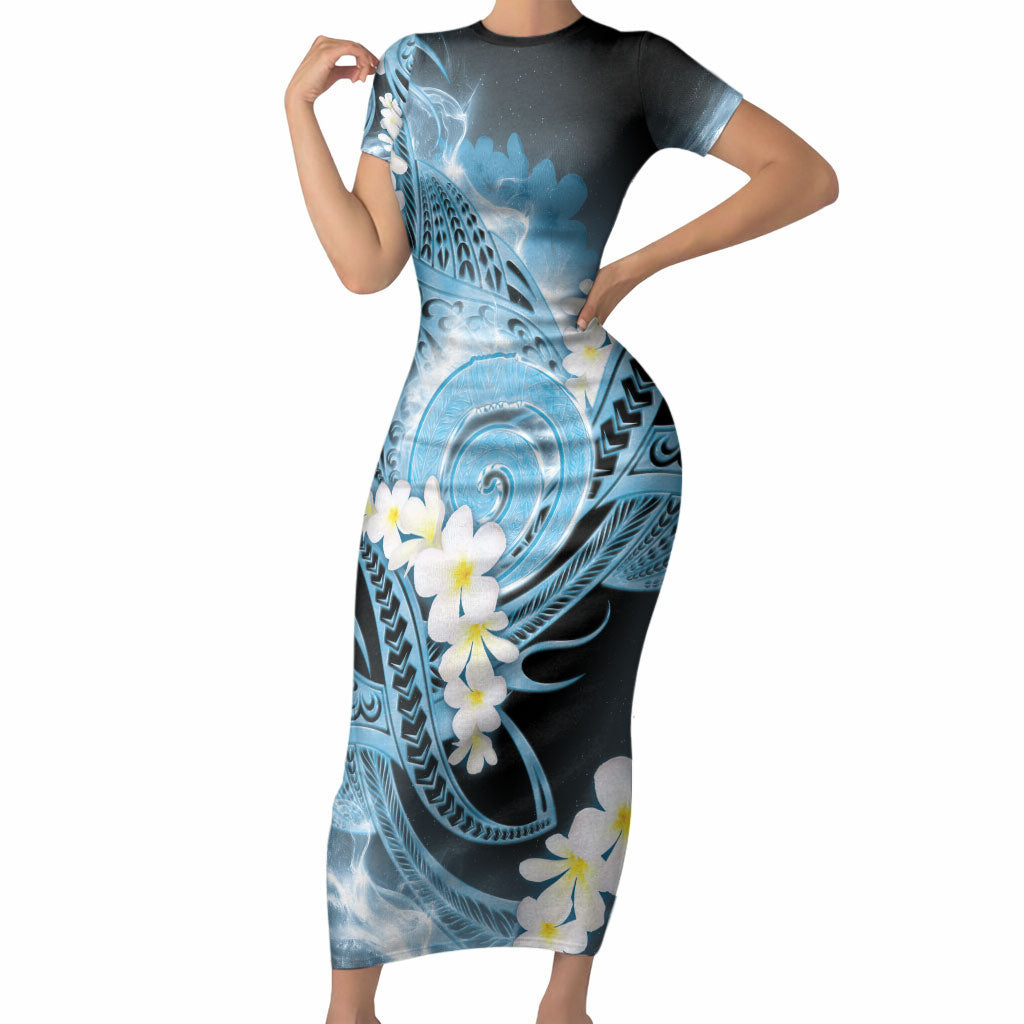 Piko Hawaiian Short Sleeve Bodycon Dress Blue Galaxy Spiral Plumeria Tribal Patterns