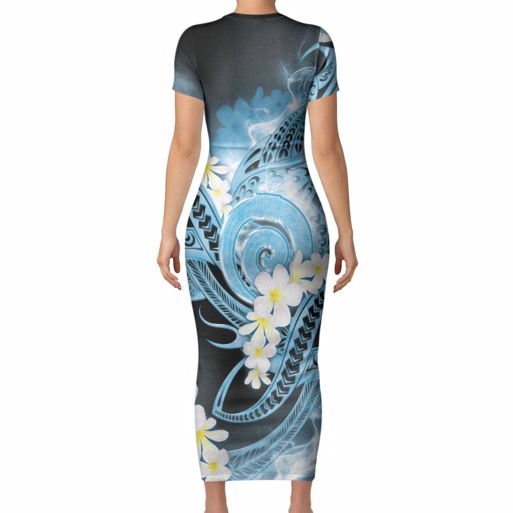 Piko Hawaiian Short Sleeve Bodycon Dress Blue Galaxy Spiral Plumeria Tribal Patterns