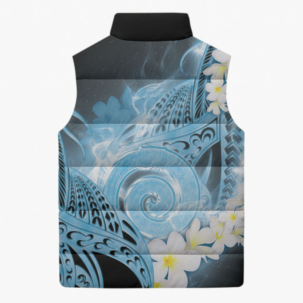 Piko Hawaiian Sleeveless Puffer Jacket Blue Galaxy Spiral Plumeria Tribal Patterns