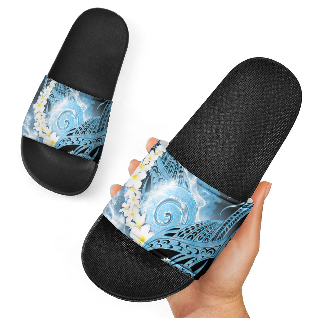 Piko Hawaiian Slide Sandals Blue Galaxy Spiral Plumeria Tribal Patterns