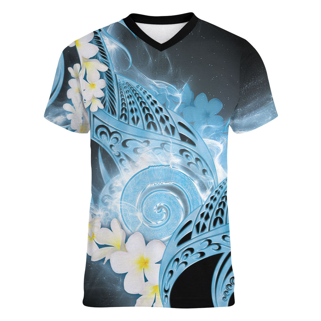 Piko Hawaiian Women V-Neck T-Shirt Blue Galaxy Spiral Plumeria Tribal Patterns