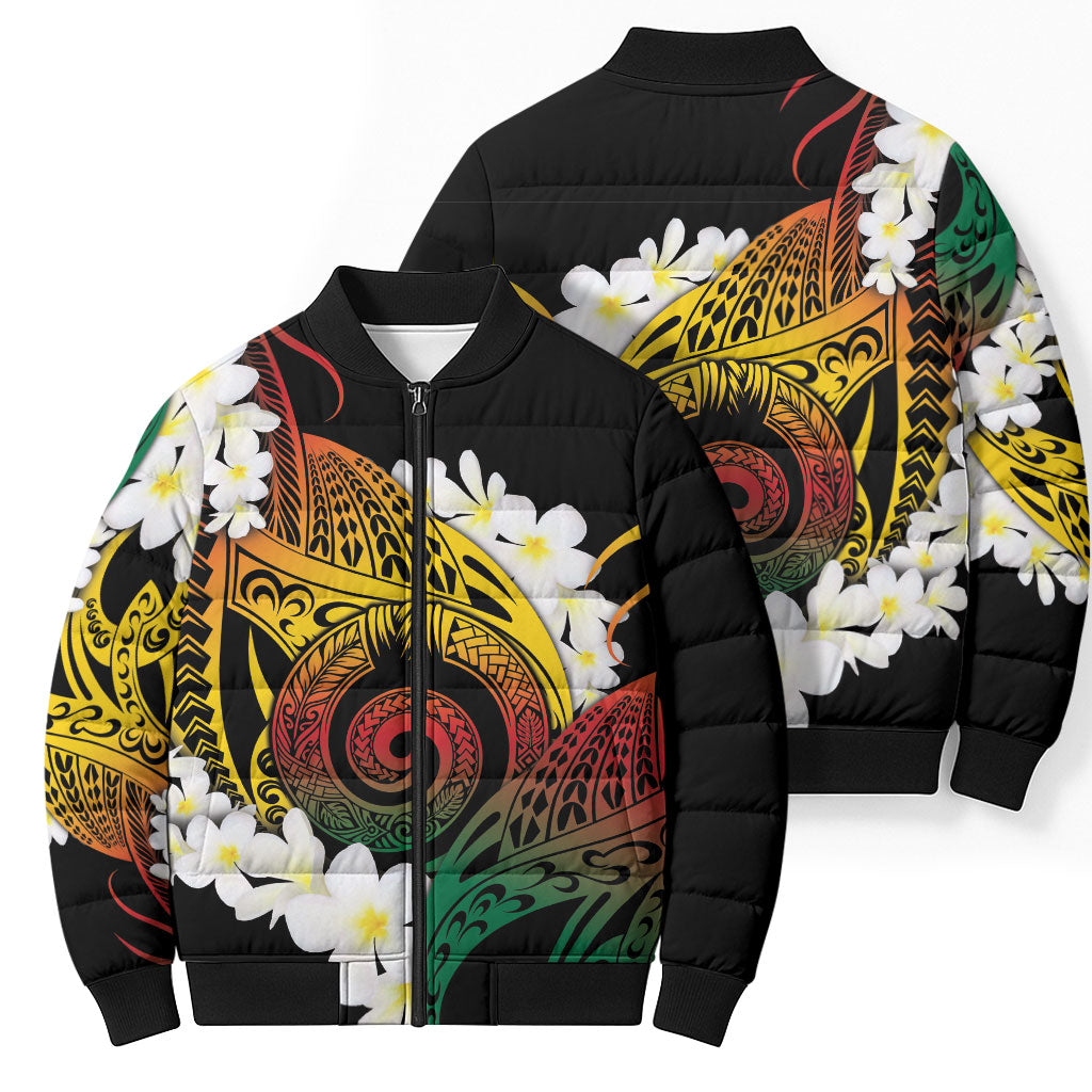 Piko Hawaiian Bomber Puffer Jacket Gradient Spiral Plumeria Tribal Patterns