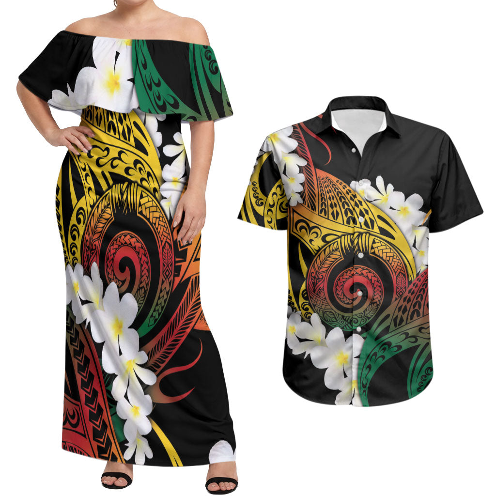 Piko Hawaiian Couples Matching Off Shoulder Maxi Dress and Hawaiian Shirt Gradient Spiral Plumeria Tribal Patterns
