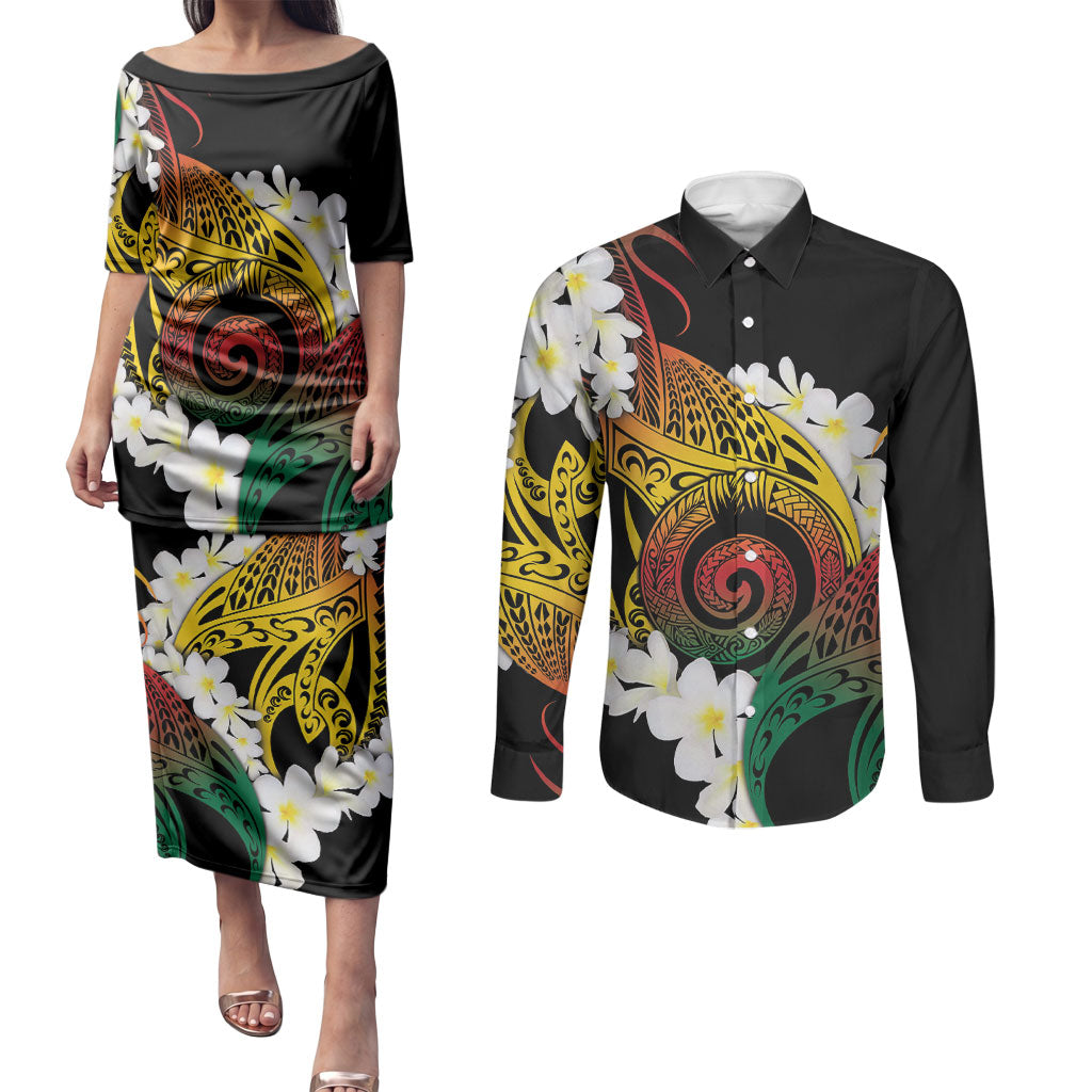 Piko Hawaiian Couples Matching Puletasi and Long Sleeve Button Shirt Gradient Spiral Plumeria Tribal Patterns