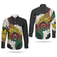 Piko Hawaiian Couples Matching Puletasi and Long Sleeve Button Shirt Gradient Spiral Plumeria Tribal Patterns