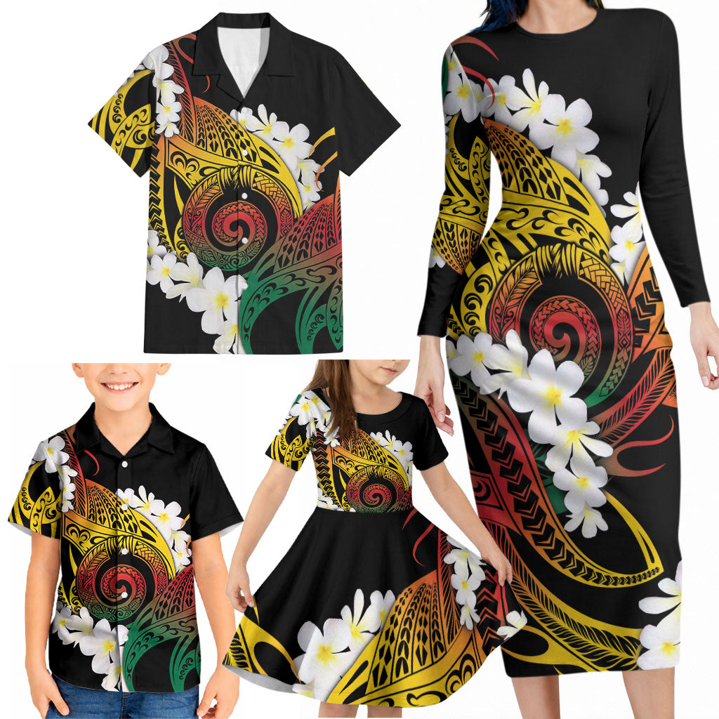Piko Hawaiian Family Matching Long Sleeve Bodycon Dress and Hawaiian Shirt Gradient Spiral Plumeria Tribal Patterns