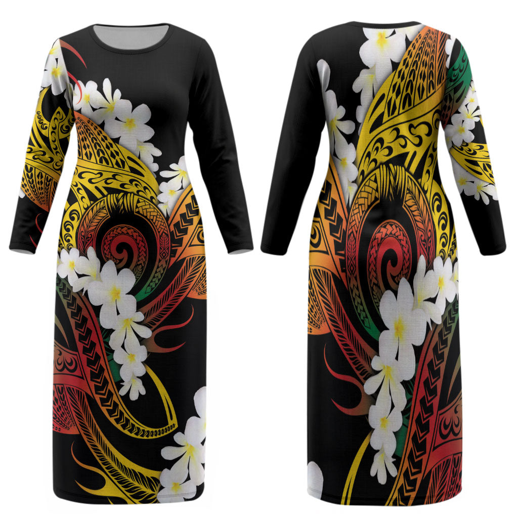 Piko Hawaiian Family Matching Long Sleeve Bodycon Dress and Hawaiian Shirt Gradient Spiral Plumeria Tribal Patterns