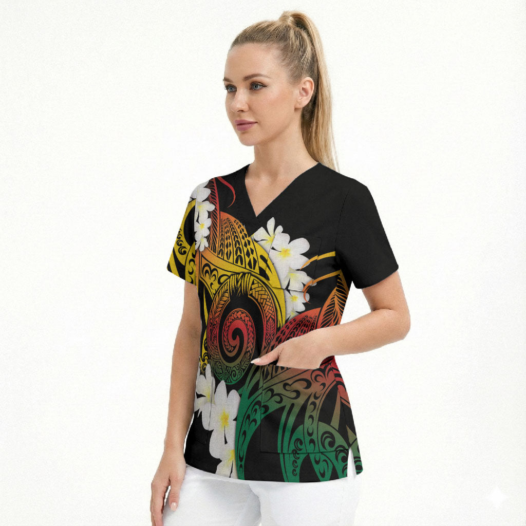 Piko Hawaiian Scrub Top Gradient Spiral Plumeria Tribal Patterns