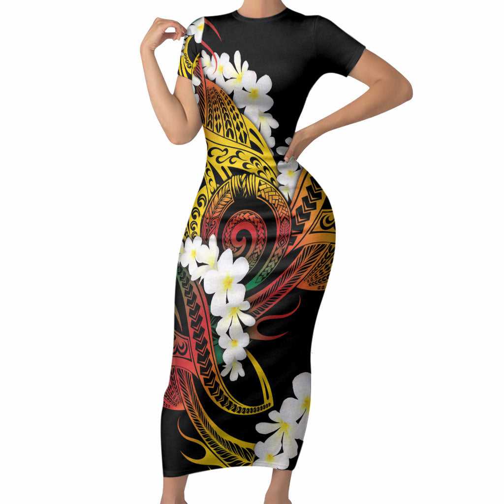 Piko Hawaiian Short Sleeve Bodycon Dress Gradient Spiral Plumeria Tribal Patterns