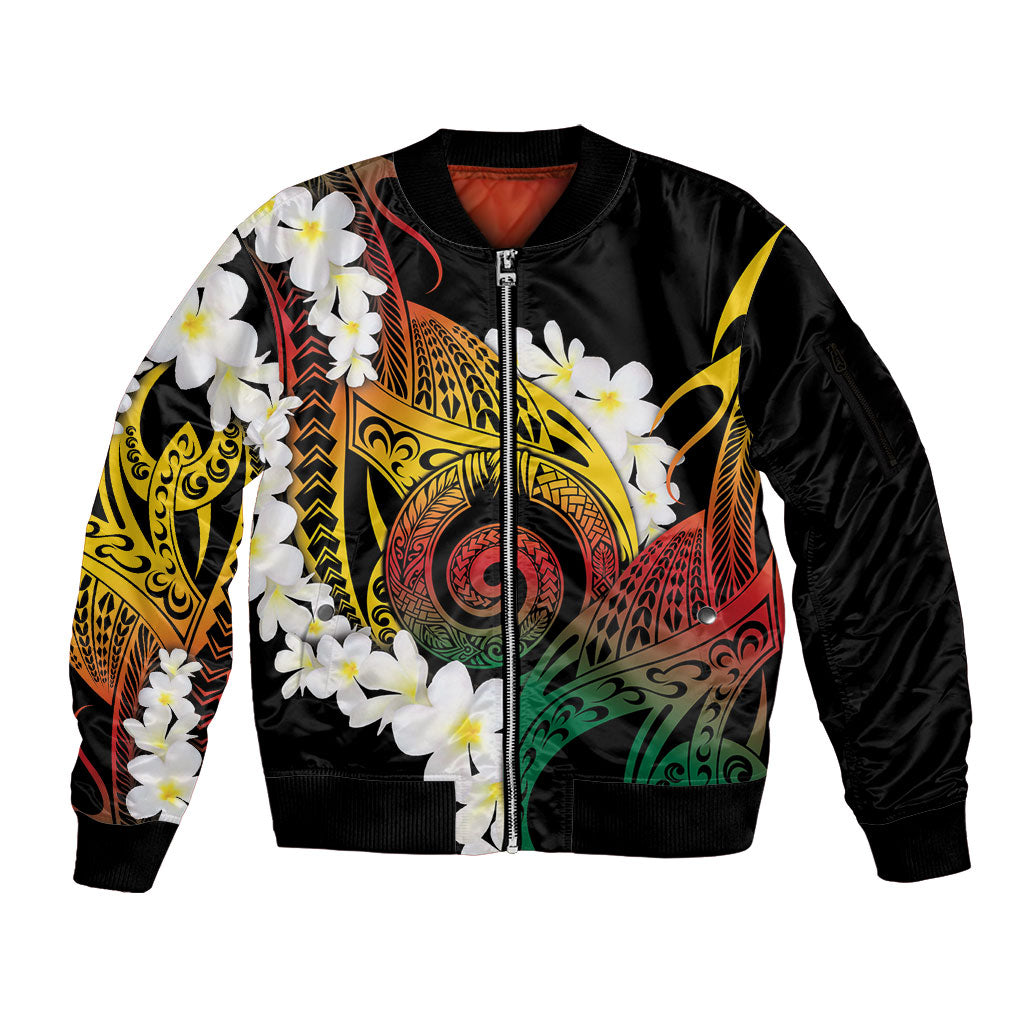 Piko Hawaiian Sleeve Zip Bomber Jacket Gradient Spiral Plumeria Tribal Patterns