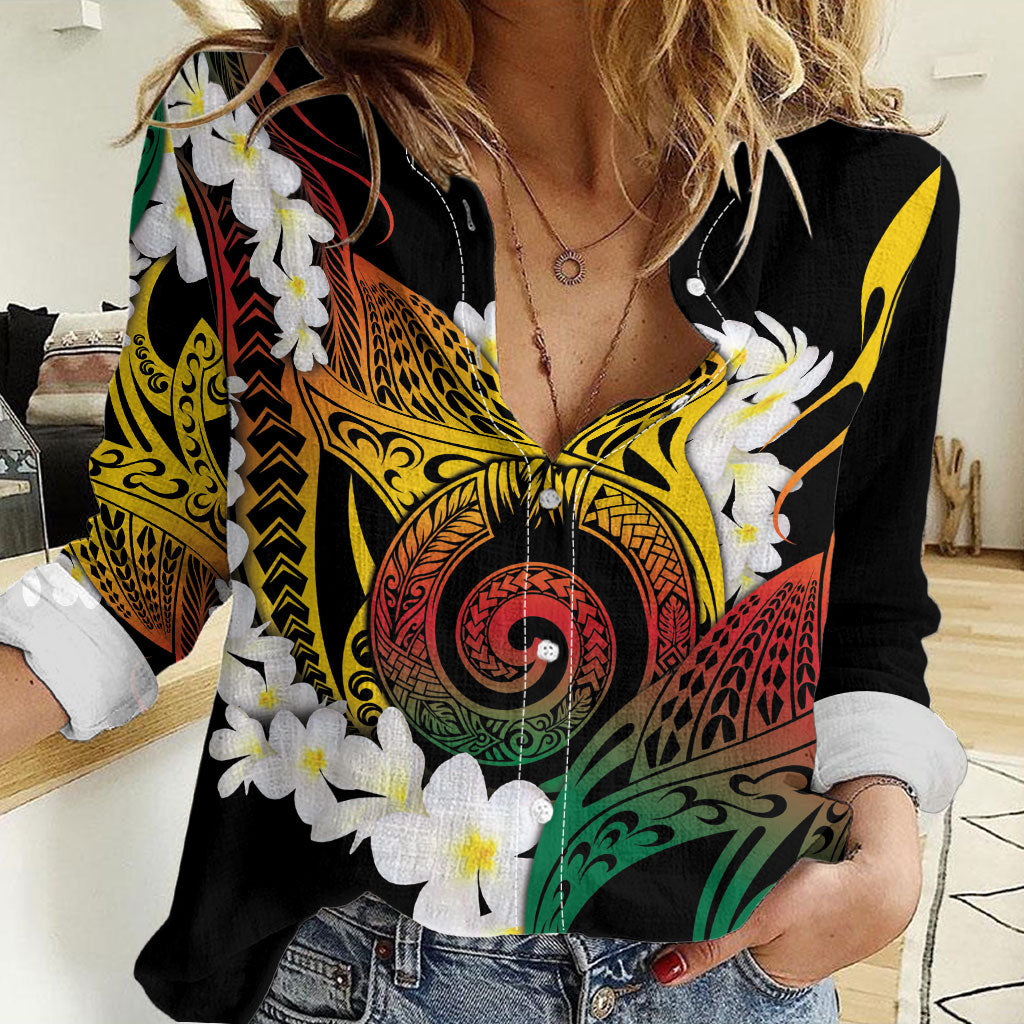 Piko Hawaiian Women Casual Shirt Gradient Spiral Plumeria Tribal Patterns