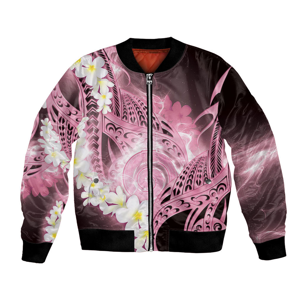 Piko Hawaiian Bomber Jacket Pink Galaxy Spiral Plumeria Tribal Patterns