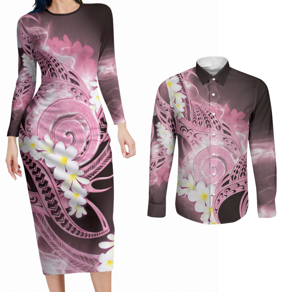 Piko Hawaiian Couples Matching Long Sleeve Bodycon Dress and Long Sleeve Button Shirt Pink Galaxy Spiral Plumeria Tribal Patterns
