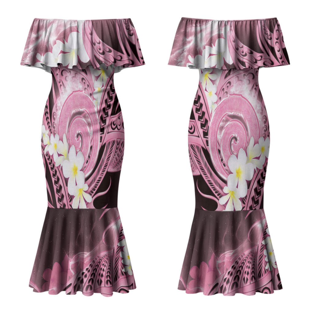 Piko Hawaiian Couples Matching Mermaid Dress and Hawaiian Shirt Pink Galaxy Spiral Plumeria Tribal Patterns