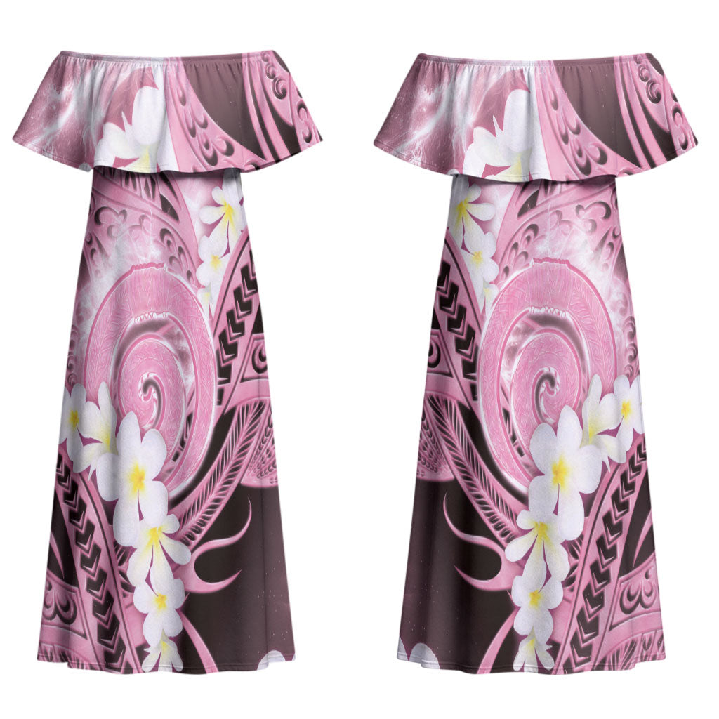 Piko Hawaiian Couples Matching Off Shoulder Maxi Dress and Hawaiian Shirt Pink Galaxy Spiral Plumeria Tribal Patterns