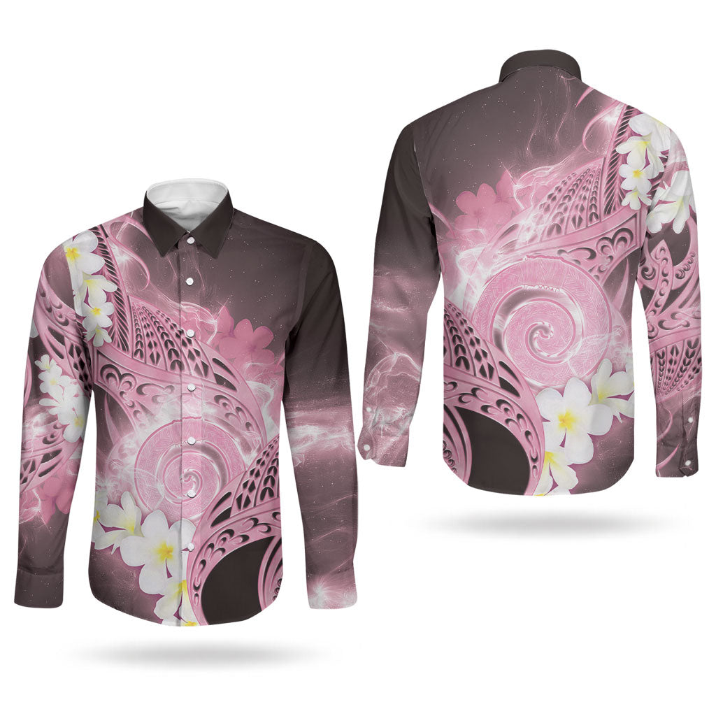 Piko Hawaiian Couples Matching Off The Shoulder Long Sleeve Dress and Long Sleeve Button Shirt Pink Galaxy Spiral Plumeria Tribal Patterns