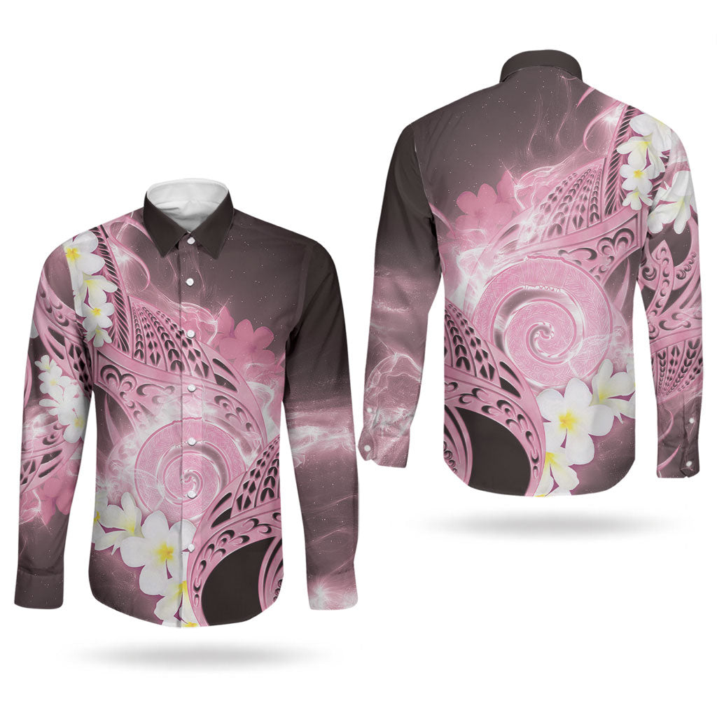 Piko Hawaiian Couples Matching Short Sleeve Bodycon Dress and Long Sleeve Button Shirt Pink Galaxy Spiral Plumeria Tribal Patterns