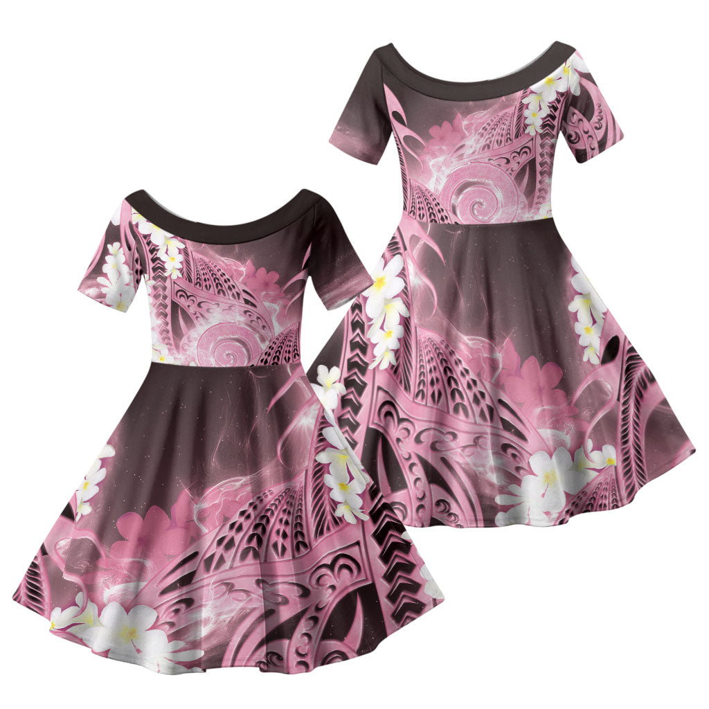 Piko Hawaiian Family Matching Short Sleeve Bodycon Dress and Hawaiian Shirt Pink Galaxy Spiral Plumeria Tribal Patterns