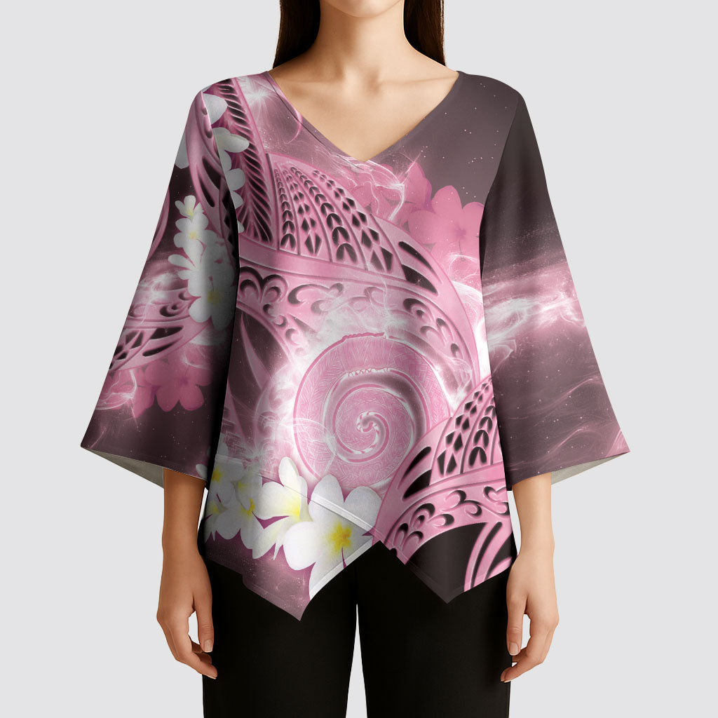 Piko Hawaiian Kimono Sleeve Blouse Pink Galaxy Spiral Plumeria Tribal Patterns
