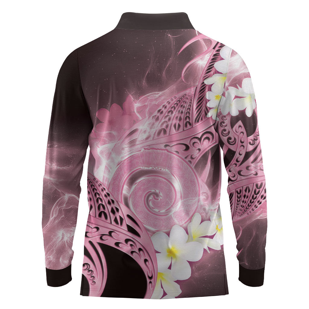 Piko Hawaiian Long Sleeve Polo Shirt Pink Galaxy Spiral Plumeria Tribal Patterns