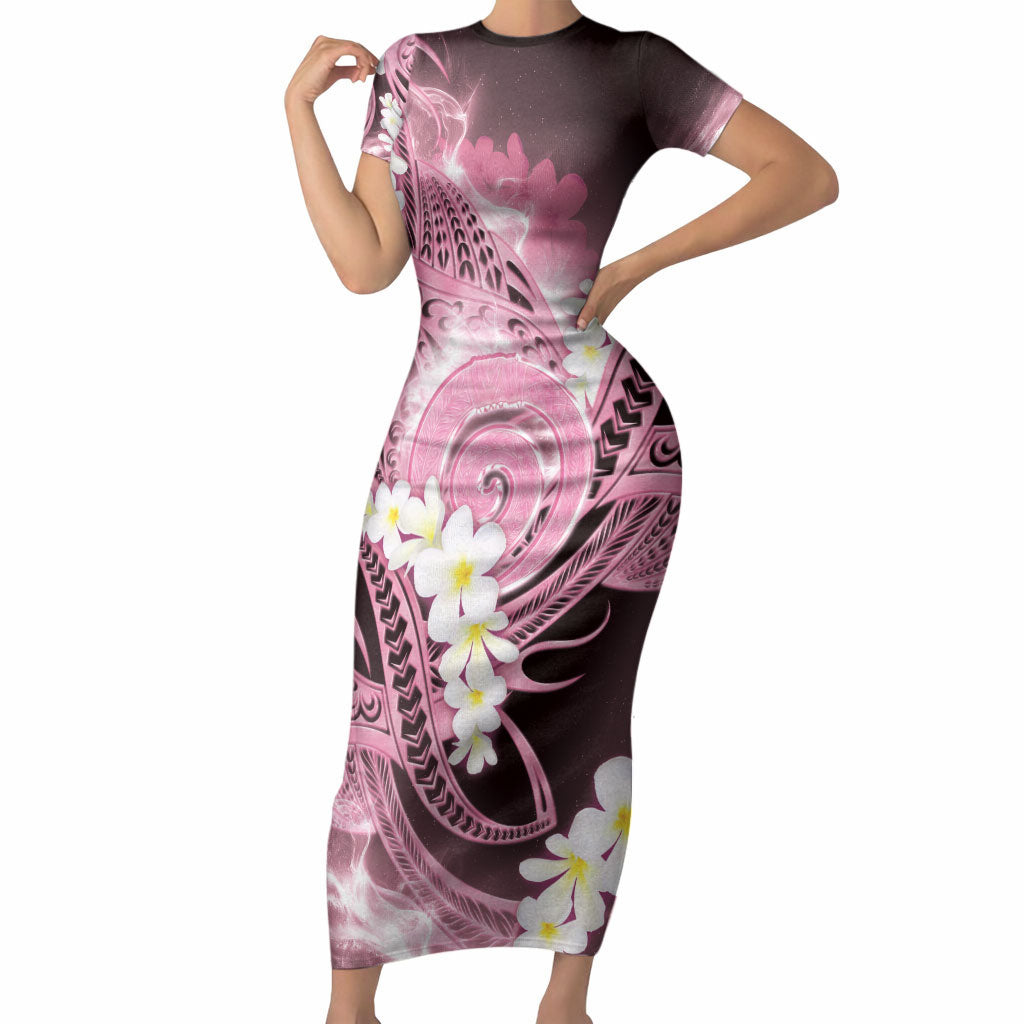 Piko Hawaiian Short Sleeve Bodycon Dress Pink Galaxy Spiral Plumeria Tribal Patterns