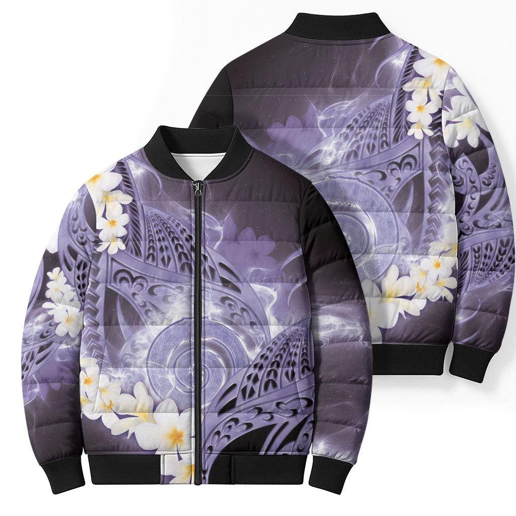 Piko Hawaiian Bomber Puffer Jacket Purple Galaxy Spiral Plumeria Tribal Patterns