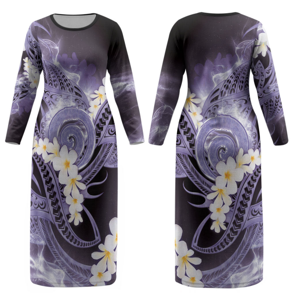 Piko Hawaiian Couples Matching Long Sleeve Bodycon Dress and Hawaiian Shirt Purple Galaxy Spiral Plumeria Tribal Patterns