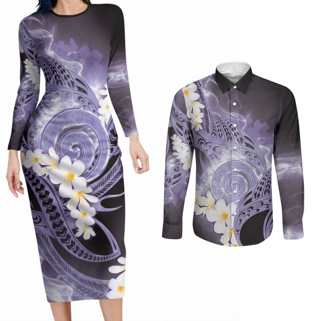 Piko Hawaiian Couples Matching Long Sleeve Bodycon Dress and Long Sleeve Button Shirt Purple Galaxy Spiral Plumeria Tribal Patterns