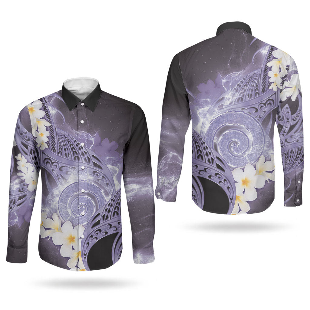 Piko Hawaiian Couples Matching Off Shoulder Maxi Dress and Long Sleeve Button Shirt Purple Galaxy Spiral Plumeria Tribal Patterns