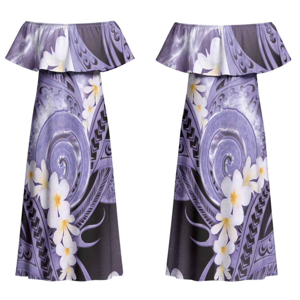 Piko Hawaiian Couples Matching Off Shoulder Maxi Dress and Long Sleeve Button Shirt Purple Galaxy Spiral Plumeria Tribal Patterns