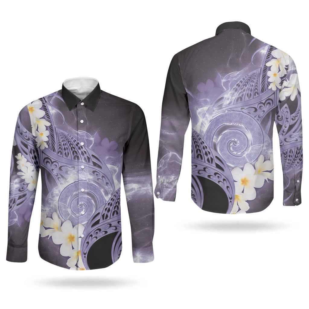 Piko Hawaiian Couples Matching Off The Shoulder Long Sleeve Dress and Long Sleeve Button Shirt Purple Galaxy Spiral Plumeria Tribal Patterns