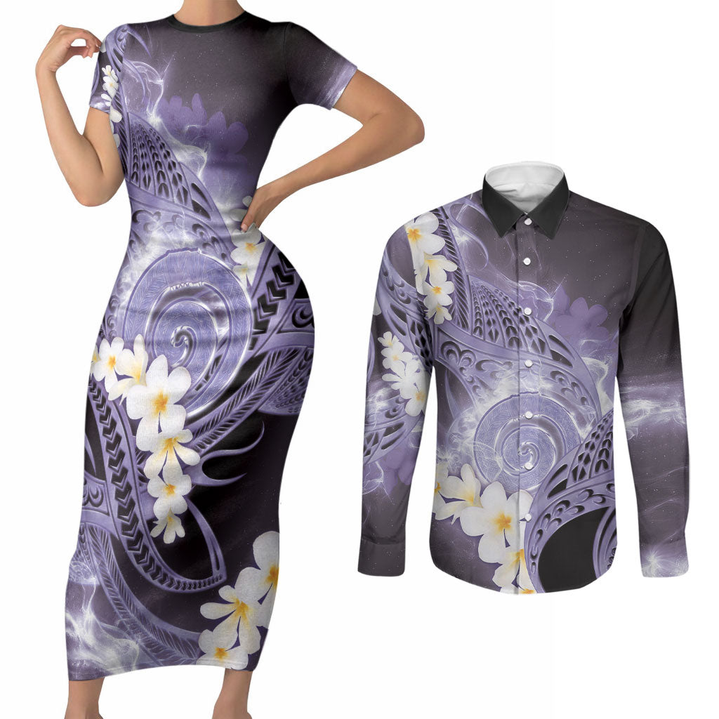 Piko Hawaiian Couples Matching Short Sleeve Bodycon Dress and Long Sleeve Button Shirt Purple Galaxy Spiral Plumeria Tribal Patterns