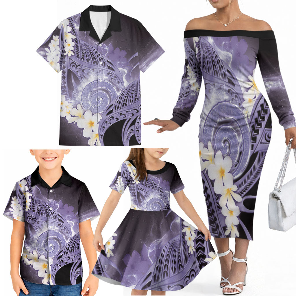 Piko Hawaiian Family Matching Off The Shoulder Long Sleeve Dress and Hawaiian Shirt Purple Galaxy Spiral Plumeria Tribal Patterns