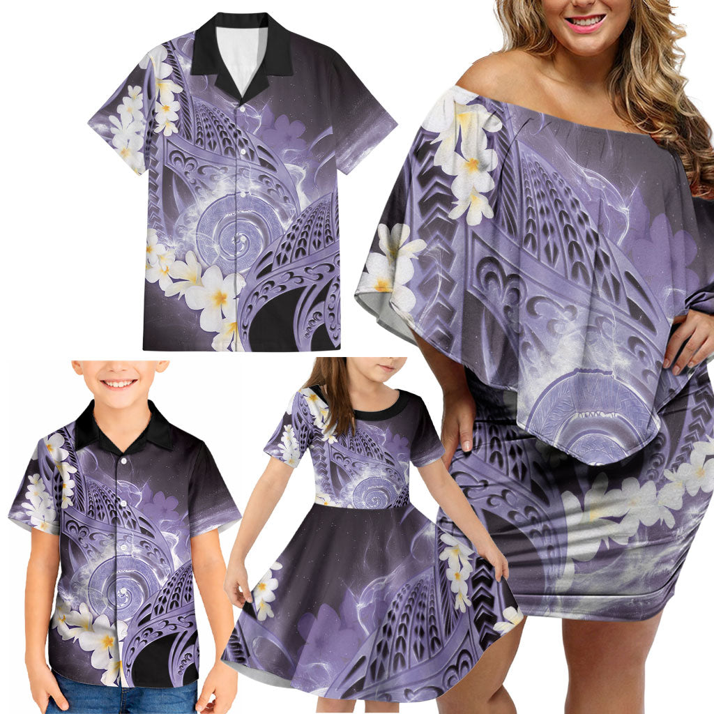 Piko Hawaiian Family Matching Off Shoulder Short Dress and Hawaiian Shirt Purple Galaxy Spiral Plumeria Tribal Patterns