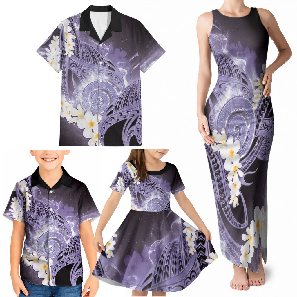 Piko Hawaiian Family Matching Tank Maxi Dress and Hawaiian Shirt Purple Galaxy Spiral Plumeria Tribal Patterns